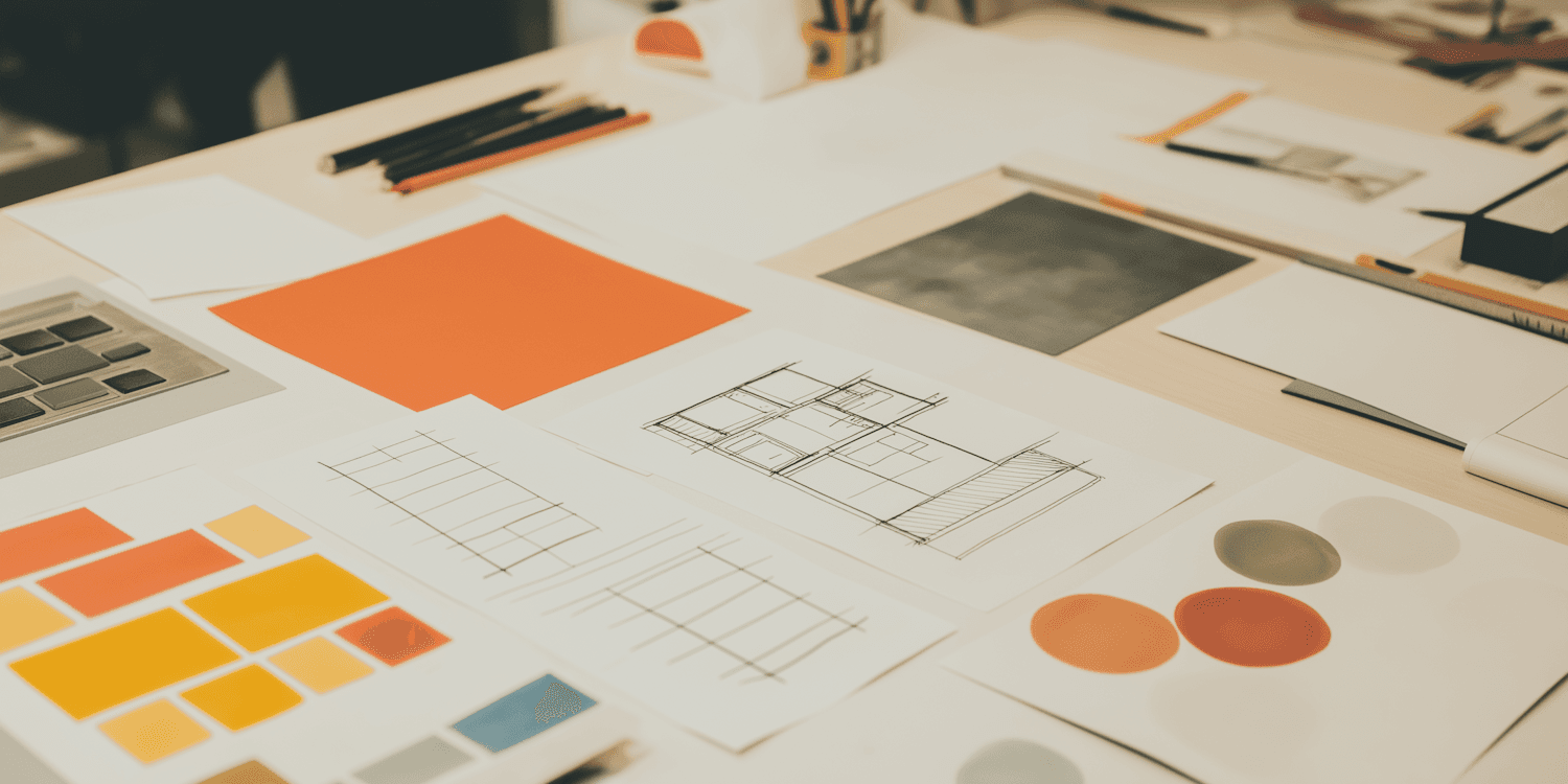 Drawings and reference material spread across a desk mid-review